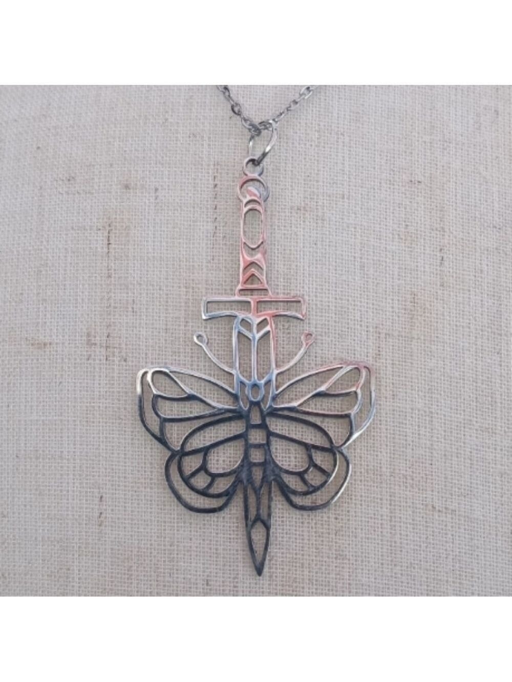 ❤️ 2/$20 Dagger Butterfly Grunge Y2k Alt Stainless Steel Necklace NWT Handmade